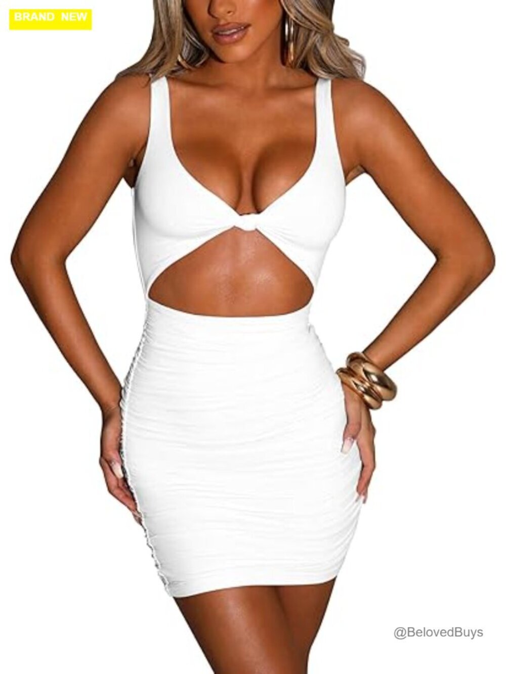 Sleeveless Cut Out Ruched Bodycon Mini Dress High Stretch Club Party